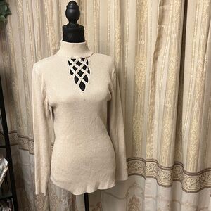 Cream Turtleneck Sweater with Cutout Design